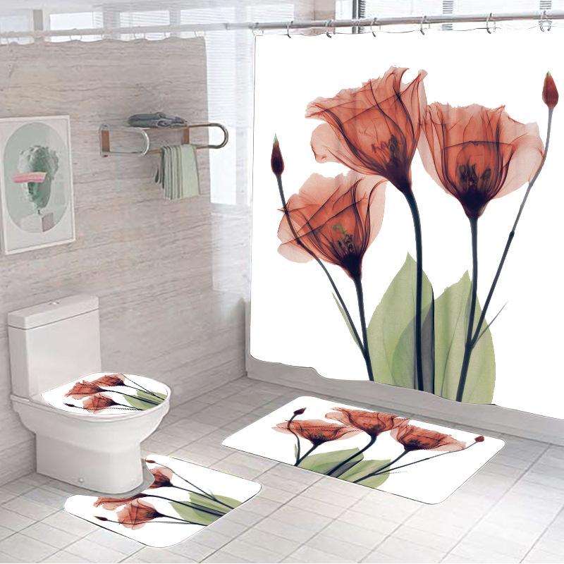 Flower 3D Digital Printing Shower Curtain Bathroom Without Punching Four-Piece Bathroom Curtain Shower Curtain Bathroom Curtain
