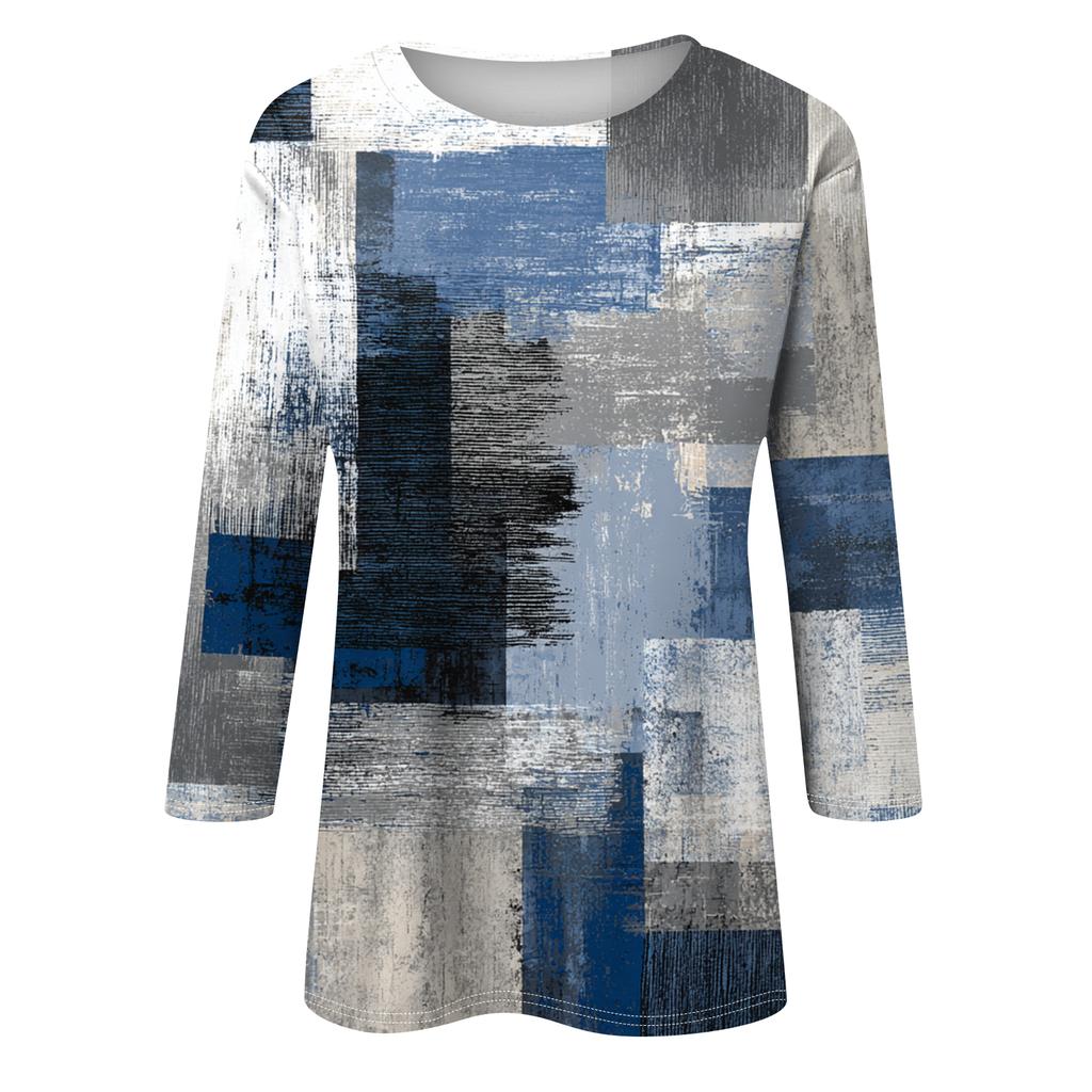 Women's Fashion Casual Round Neck Three-quarter Sleeve Retro Floral Print T-shirt Top