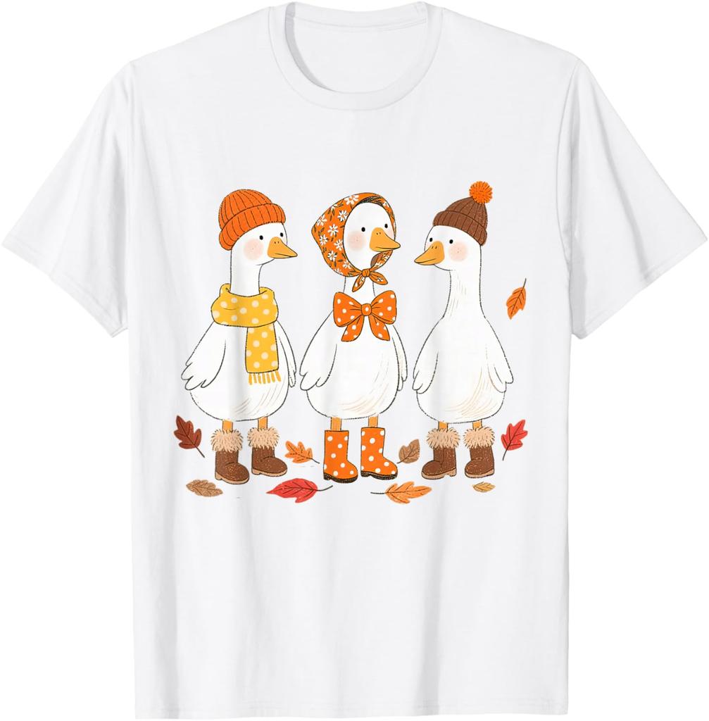 Süßes Drei-Gänse-Herbst-Vibes Grafikdruck-T-Shirt Lässiges Baumwoll-T-Shirt mit Rundhalsausschnitt für Damen