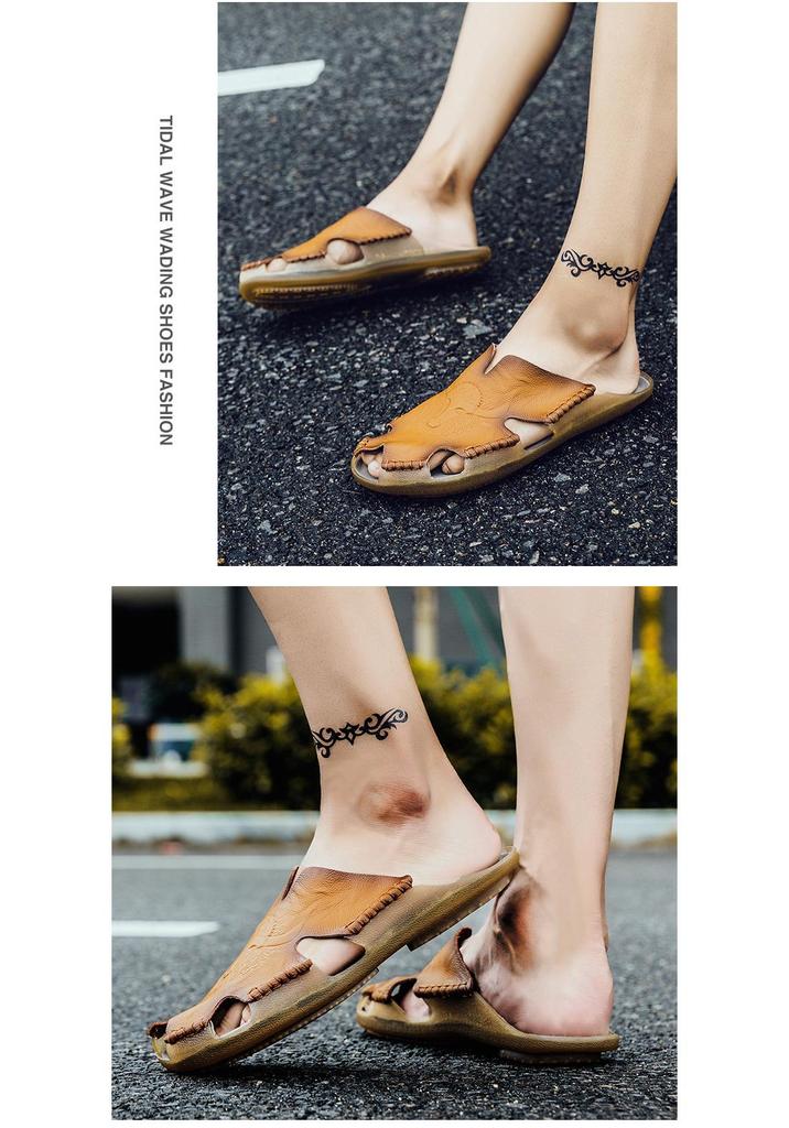 Men's Trendy 2022 Casual Leather Sandals, Cow Tendon Slippers, Korean Style Beach Shoes, Summer Flip-Flops, Large Size.