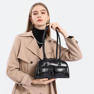 Wax Leather Bowling Bag Multi-pocket Underarm Bag Commuter Hand Bill Shoulder Bag for Women