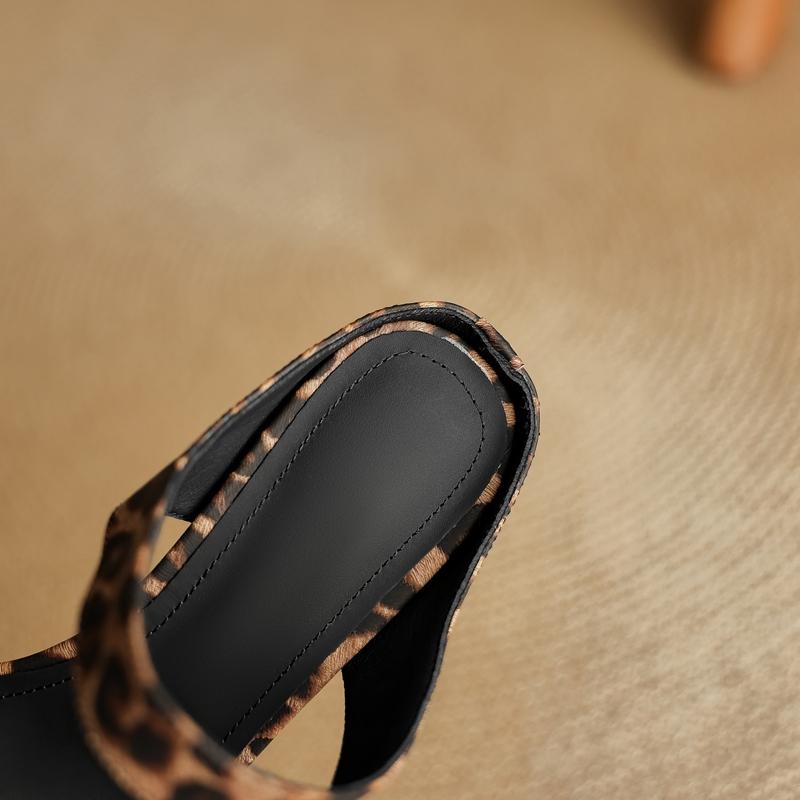Fashion Women's New Genuine Leather Summer Leopard Pattern Exposed Toe Thick Sole Waterproof Platform High-heeled Fashion Slippers