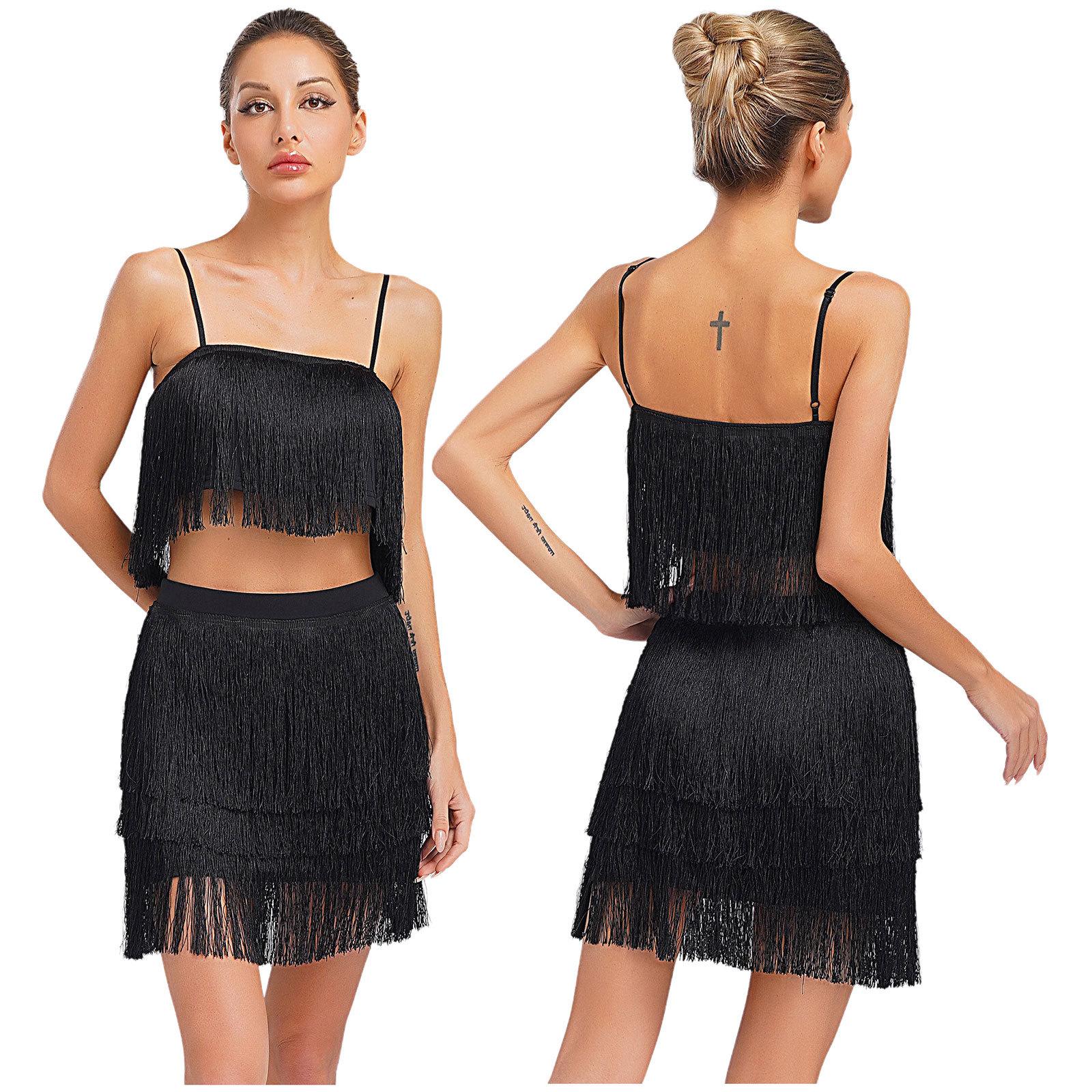 

Womens 2 Piece Fringe Dance Set Adjustable Spaghetti Strap Crop Top Elastic Waist Tassel Skirt Club Party Costume S чорний