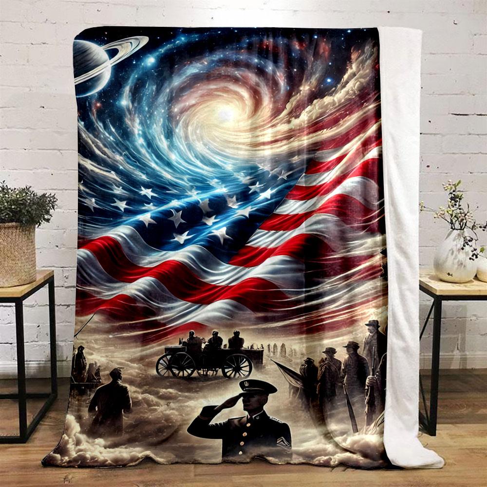 Swirling galaxy blends with an American flag above military figures. for all seasons blanket lunch break throw gift