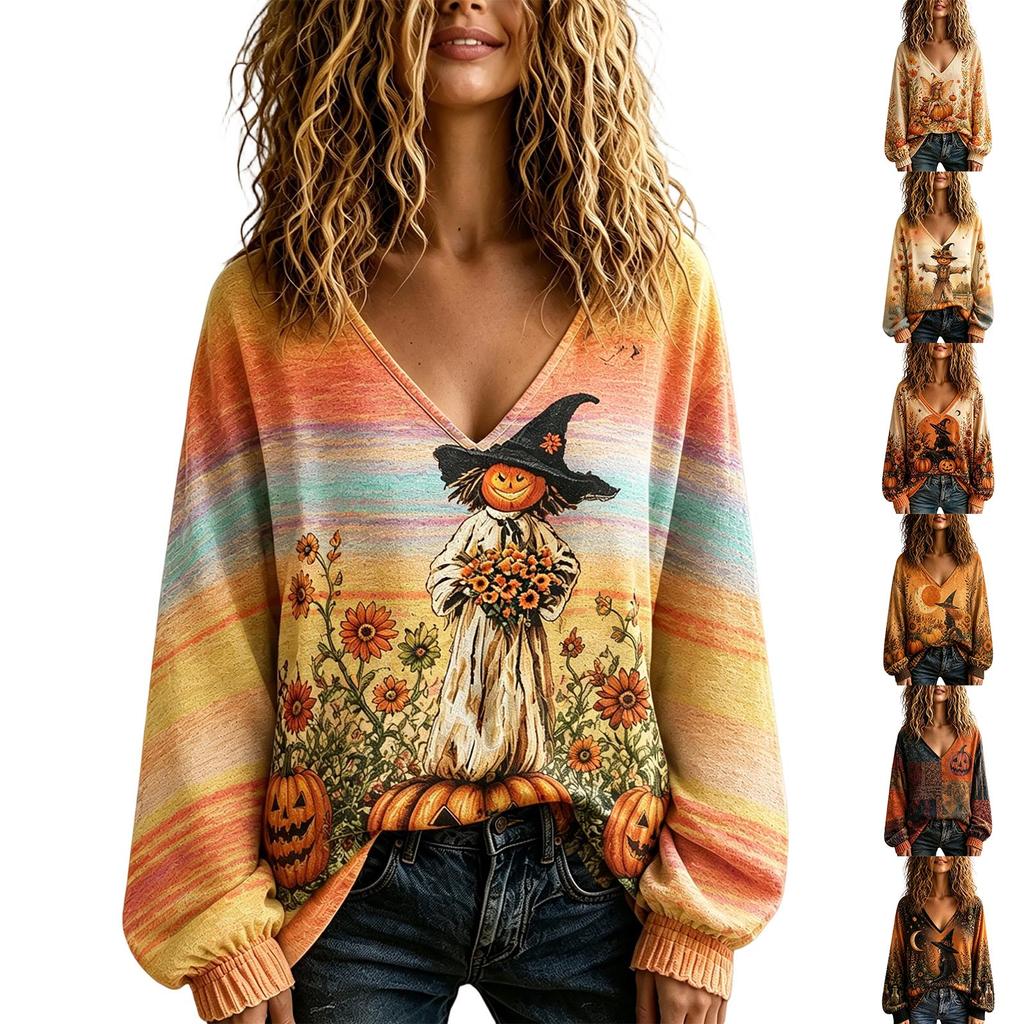 Women's V-Neck Top for Halloween and Fall Occasions
