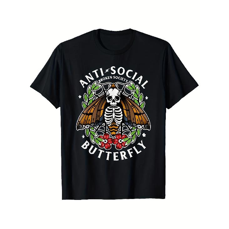Antisocial Broken Society Butterfly Pattern T-Shirt - 100% Regular Fit Short Sleeve T-Shirt, Skull and Floral Design, Unisex Casual Crew Neck Top,