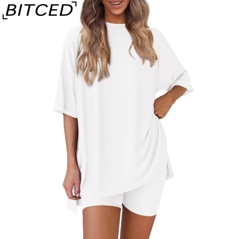 BITCED Women's Spring/Summer Loose-Fit Fashion Solid-Colour Casual Short-Sleeved Top and Shorts Two-Piece Set