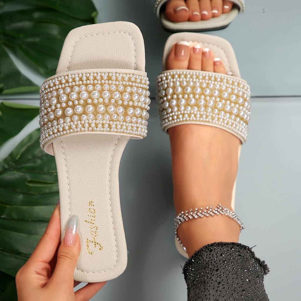[Foreign Trade] Summer New Pearl One-Word Slippers Wear Sandals Square Head Flat Bottom with Skirt Shoes Beach Shoes