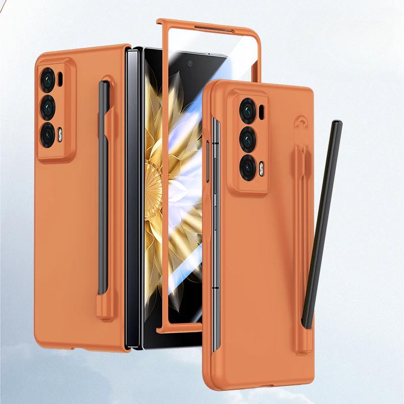 Luxury Armor Case for Honor Magic V2 Matte with Pen Skin Feel Transparent Screen and Solid Color Back Shockproof Hard Plastic Cover