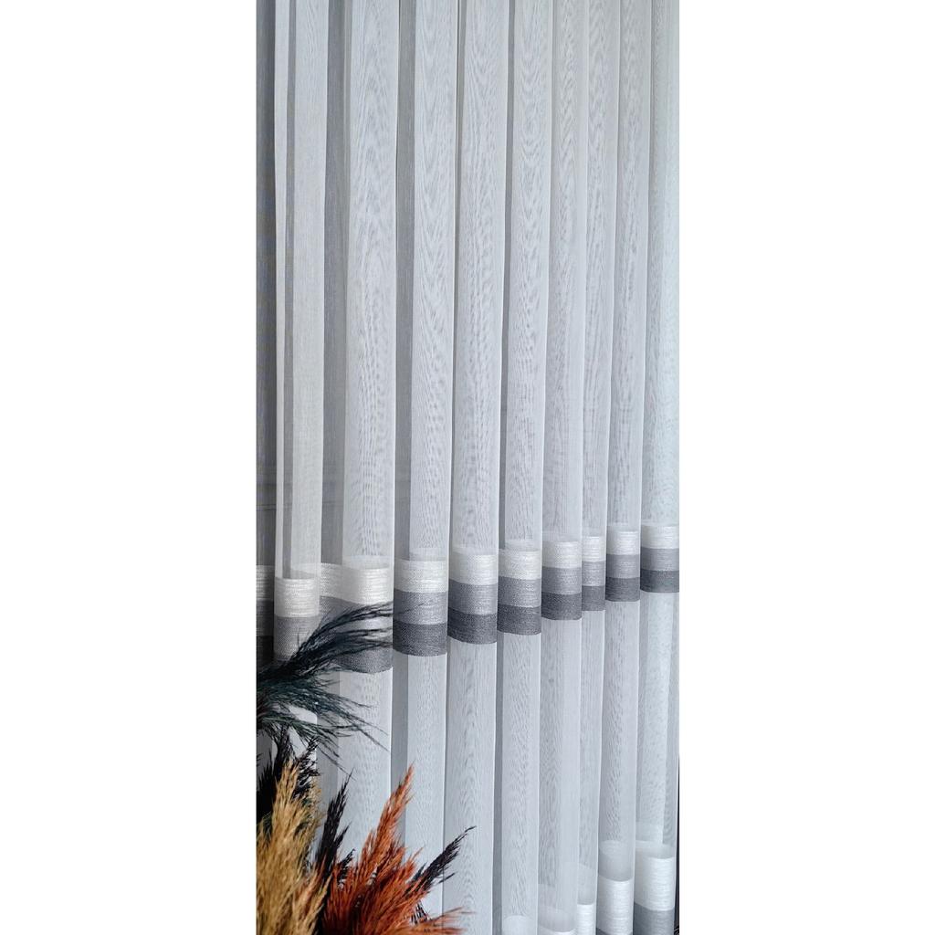 Gray Anthracite Horizontal Striped 1/3 Tight Pleat Ecru Tulle Curtain Wrinkle-free Does Not Require Ironing
