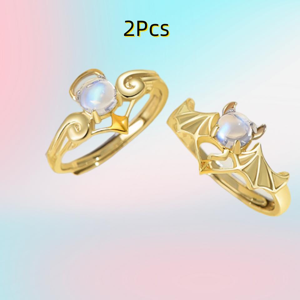 Romantic Angel and Demon Wings Couple Rings For Women Goth Fashion Moonstone Adjustable Opening Finger Men's Ring Party Jewelry
