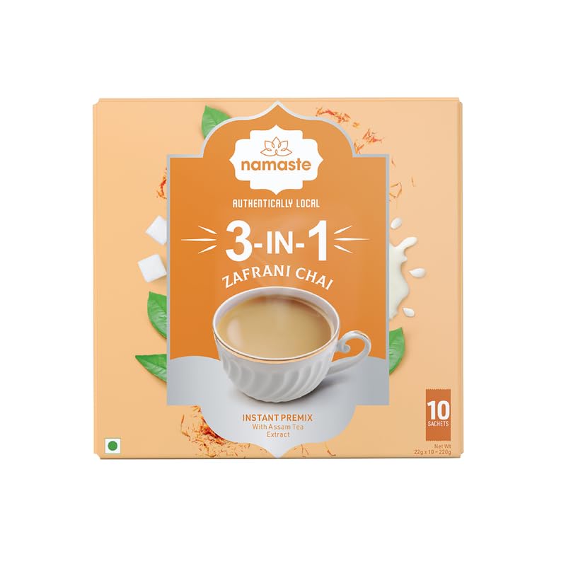 

Namaste Chai Instant Tea Premix Zaffrani Chai | Assam | Cardamon | Kesar Flavor | Milk and Sugar | Ready Mix Powder |22g x 10 Sachets