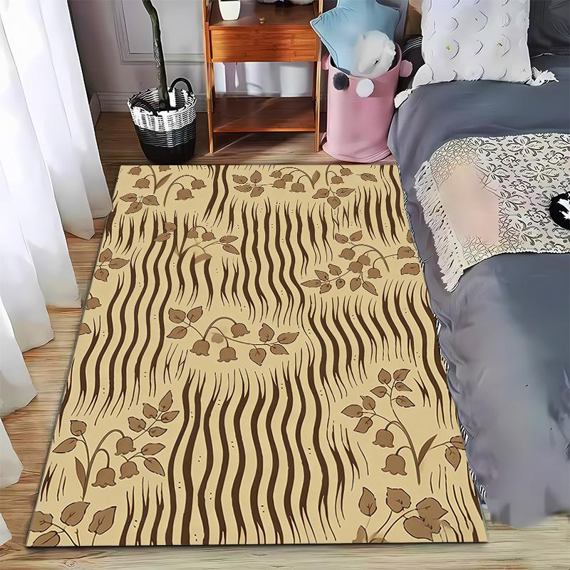 Floral Pattern Beige Carpet with Abstract Brown Stripes for Home Decor Suitable for use as an anti-slip for living room bedroom sofas
