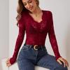 Women Sexy Floral Lace Long Sleeve Slim Fit V Neck Casual Base Top