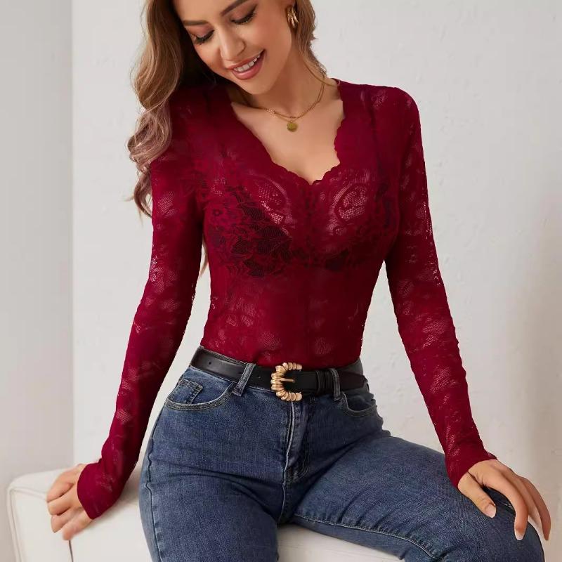 Women Sexy Floral Lace Long Sleeve Slim Fit V Neck Casual Base Top