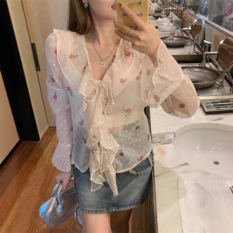

French V-Neck Ruffle Chiffon Blouse for Women – Summer Sun Protection Long Sleeve Cardigan Top M (Recommended for around 105 lbs)