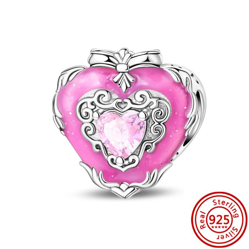 

925 copper Pink Heart-shaped Zircon Series Mom Bowknot Unicorn Pendant Beads Fit Original Pantaro Charms Bracelet Women Zircon 3mm-4mm