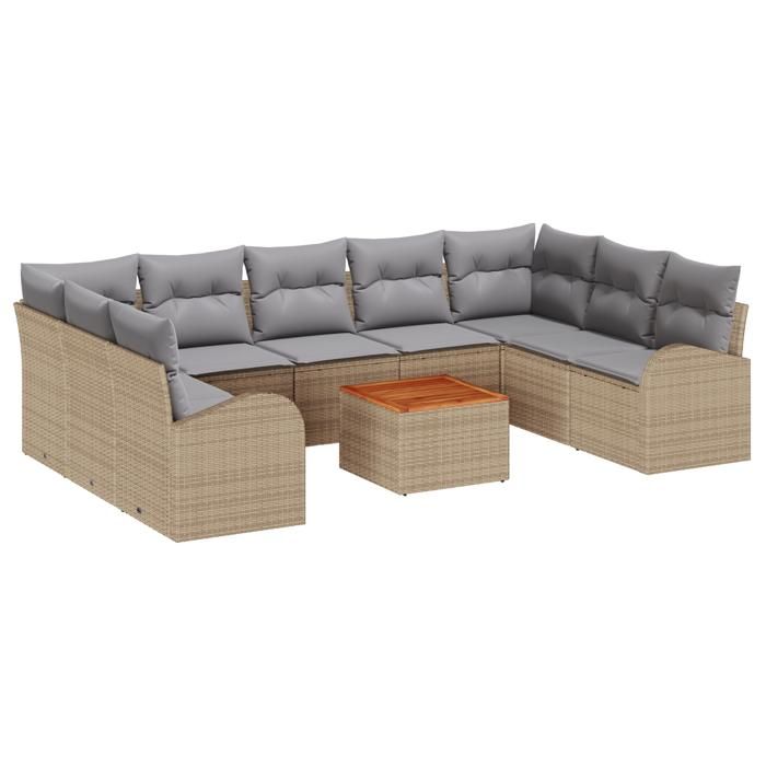 Ensemble de Canapé de Jardin vidaXL 10 Pièces avec Coussins Beige Rattan Poly Acacia, Canapé de Jardin 2 Places vidaXL 3356292