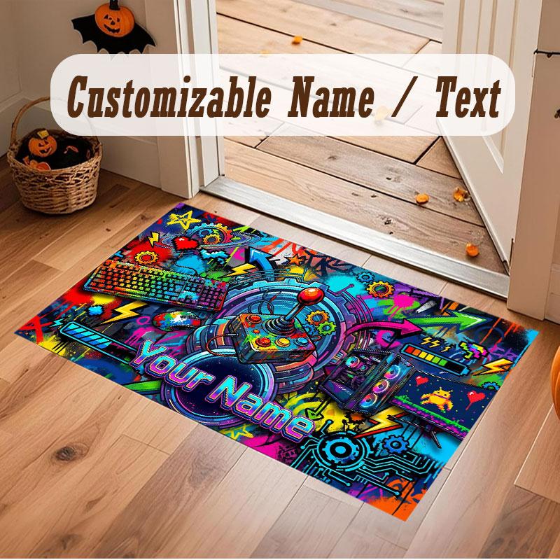 City Cyberpunk Theme Crystal Velvet Floor Rug Personalized Custom Name Text Warm Carpet Home Decoration