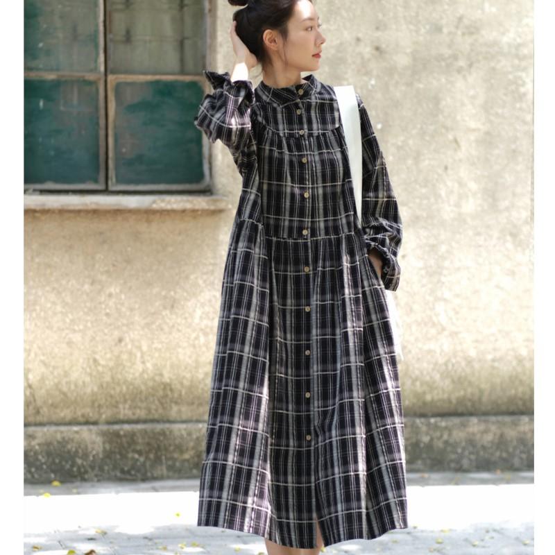 

Johnature весна-лето женское винтажное платье с клетчатым воротником однобортное свободное хлопковое повседневное платье с длинными рукавами