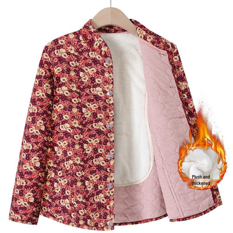 Grandma's Winter Floral Cotton Jacket with Velvet Lining - Warm, Thickened, Small Size for Elderly Women