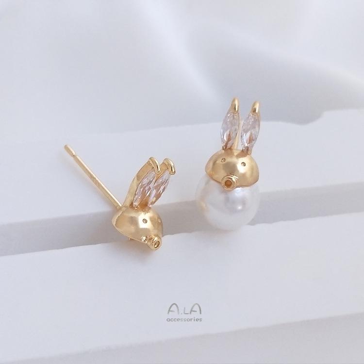 14K Gold-Filled Silver Rabbit Zircon Bead Stud Earrings