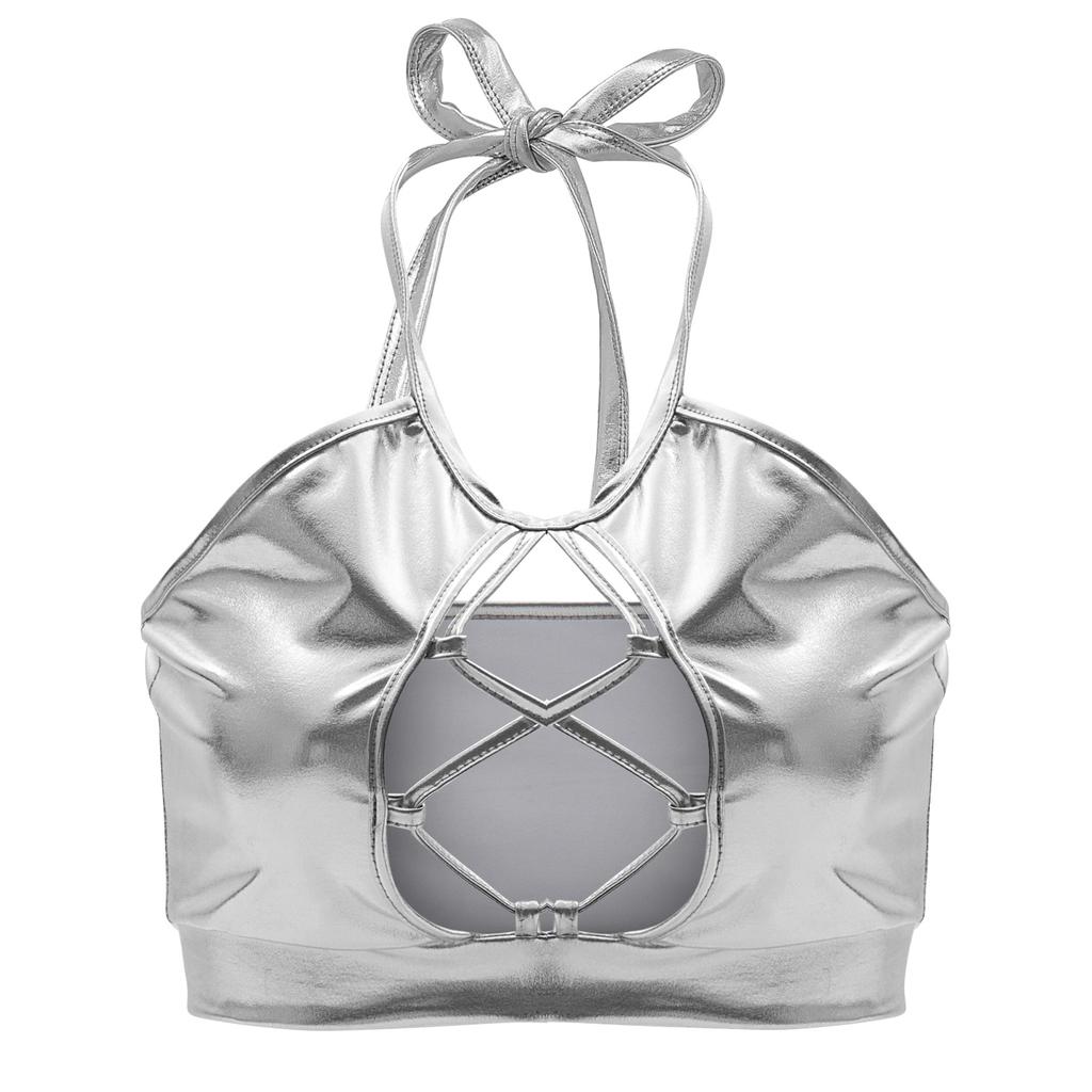 Women Shiny Metallic Halter Tank Top Sleeveless Spaghetti Strap Camisole Vest Bra Crop Tube Top for Party Club