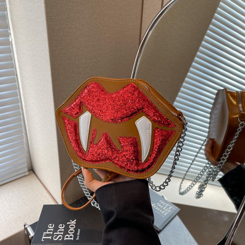 Personality Trendy Women's Shoulder Bag Flame Red Lips Vampire Sequin Decoration Female Messenger Bag For Halloween Party