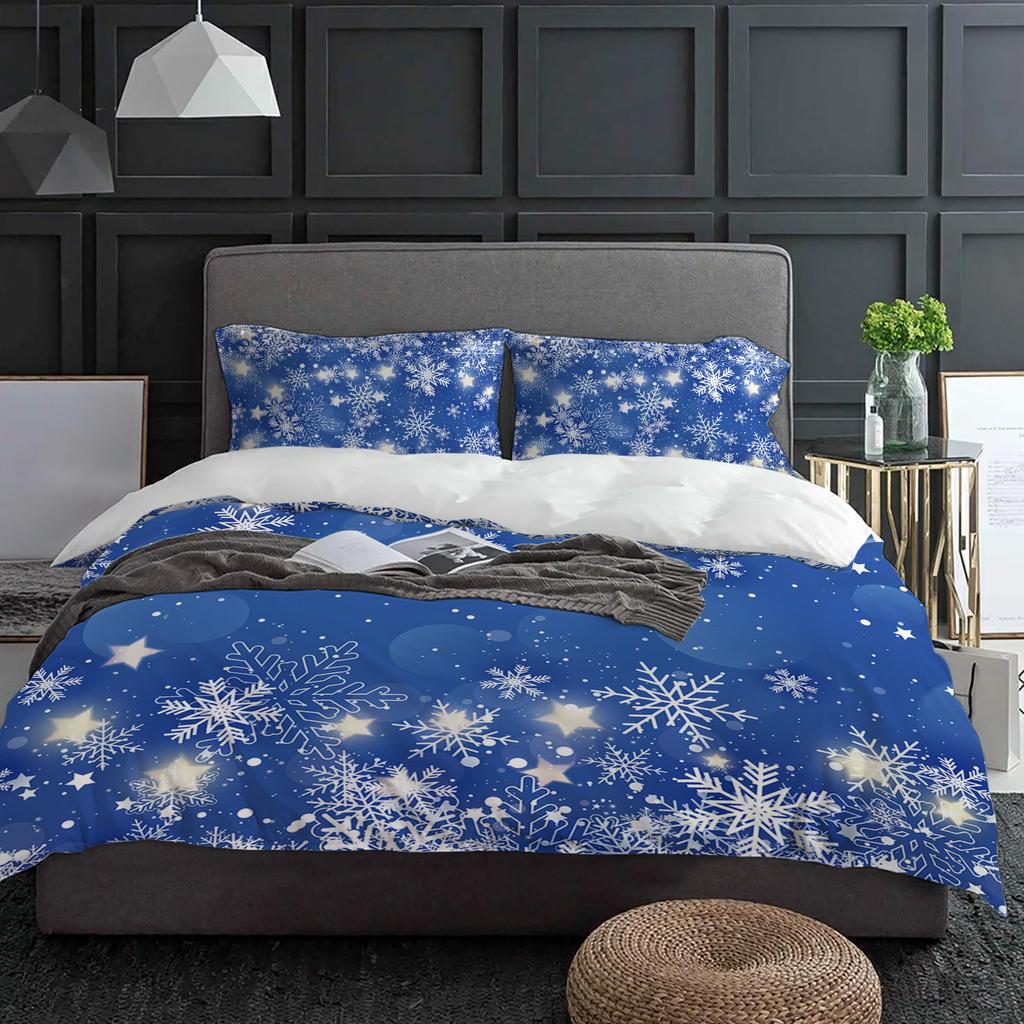 Weihnachts-Schneeflocken Blau 3-teiliges Bettwäsche-Set für Doppelbett Heimtextilien Bettbezug Steppdeckenbezug Kissenbezug