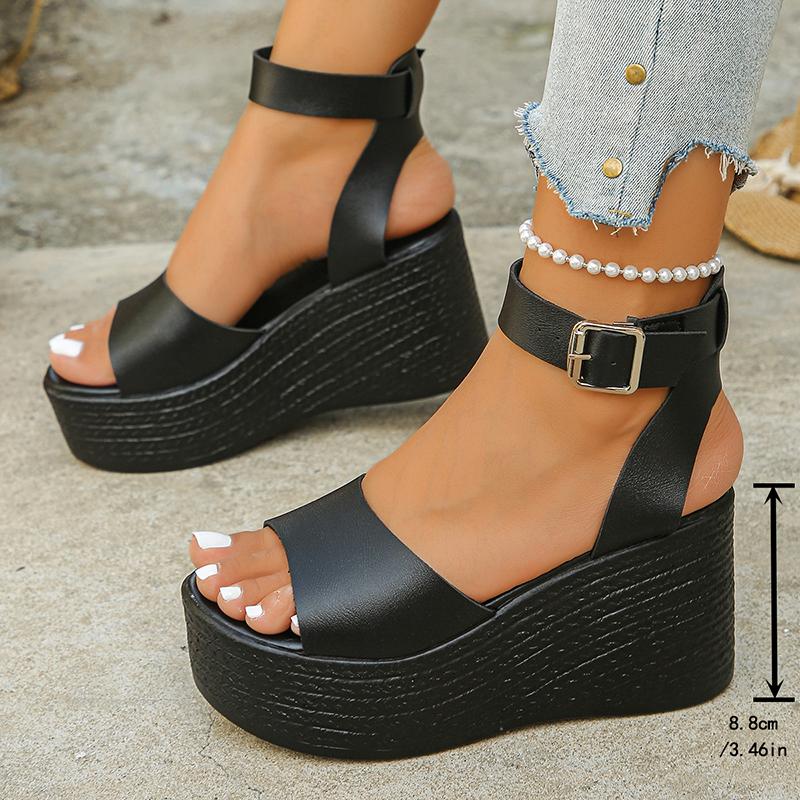 Fashion Women's Thick Sole Black Wedge Sandals Fashion Ankle Strap Chunky Platform Sandals Woman Super High Heel Summer Sandalias Mujer