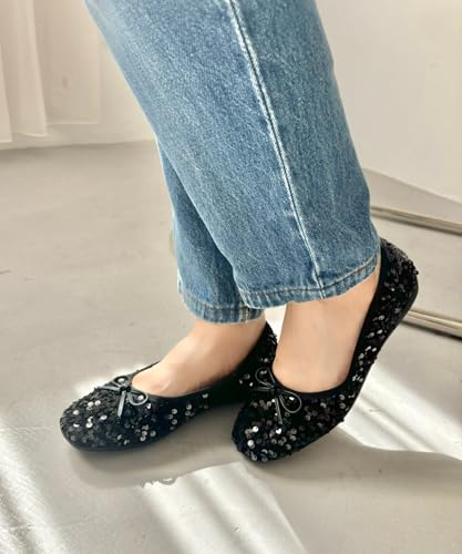 Jumpable Pumps, Flats, Sequined, Square Toe, Sparkly, Lightweight, Cushioned, Washable Insole, Perfect for Ceremonies and Occasions, R-3216