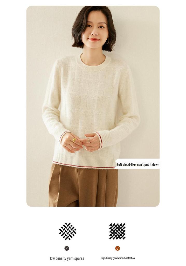 Women's Textured Cashmere Crew Neck Long-Sleeve Pullover Top for Autumn/Winter