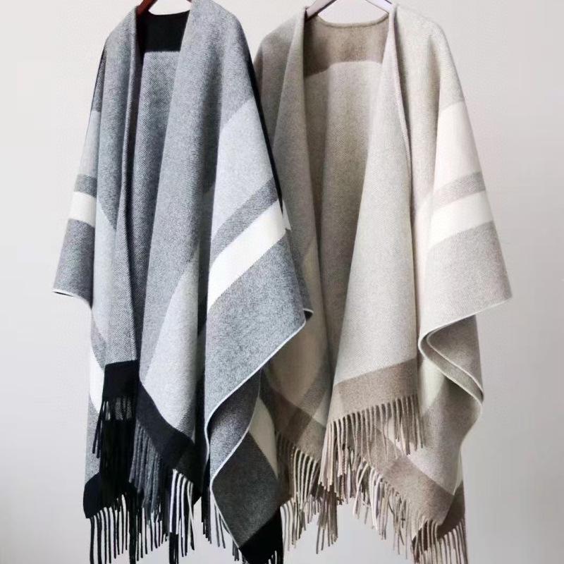 Wool Plaid Shawl Cape: Women's Warm Tassel Scarf for Spring, Autumn, Winter