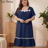 Women Nightgown Seersucker Floral Square Collar Short Sleeve Long Robe Loose Summer Loungewear Sleepwear