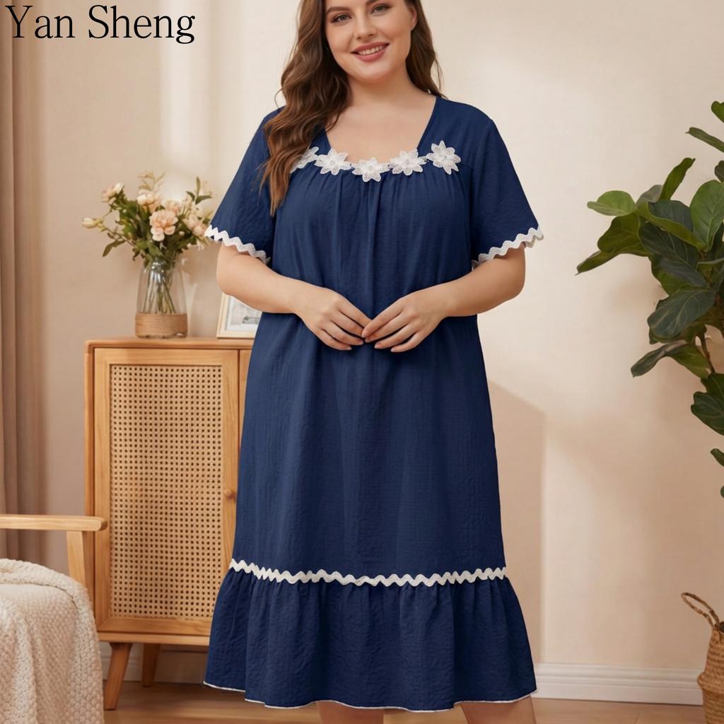 Women Nightgown Seersucker Floral Square Collar Short Sleeve Long Robe Loose Summer Loungewear Sleepwear