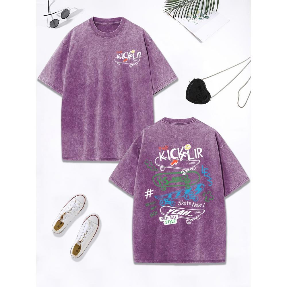 Kick Flir Skateboard Prints Washed T-Shirts Women Cotton Oversized Tops Comfortable O-Neck Distressed T Shirt Clothes