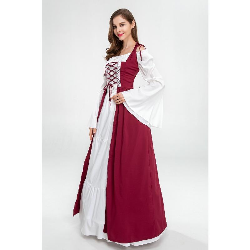 New Halloween Costume Red Bundle Waist Medieval Renaissance Vintage Dress