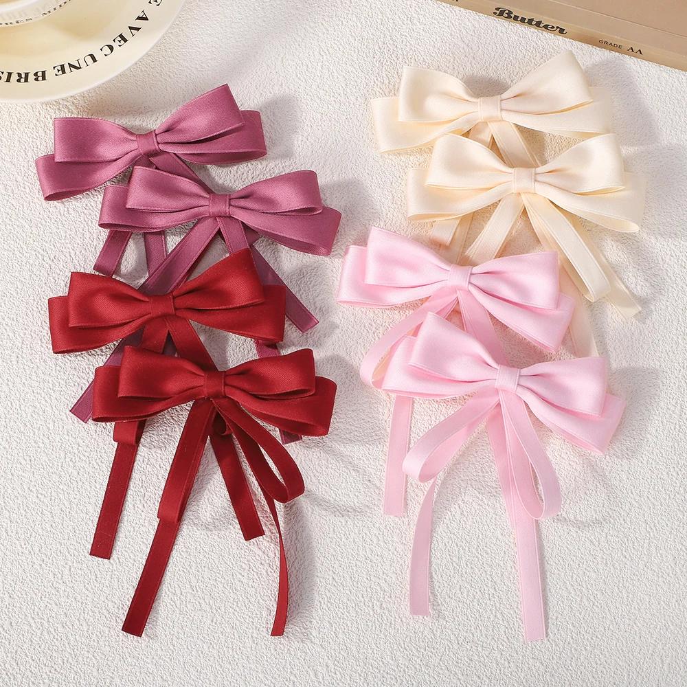 2pcs Elegant Bow Long Ribbon Hair Clips for Women Girls Sweet Large Bowknot Satin Hairpins Ponytail Headwear Hair Accessories