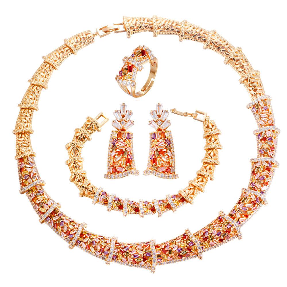 Zestaw Zirkonowy Łańcuszek Ślubny Suknia Ślubna Kolia Kolczyki Pierścionek Bransoletka Czteroczęściowy Zestaw