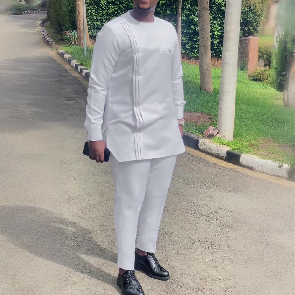 Men's Casual Two-Piece Set: Solid Color, African Ethnic Style