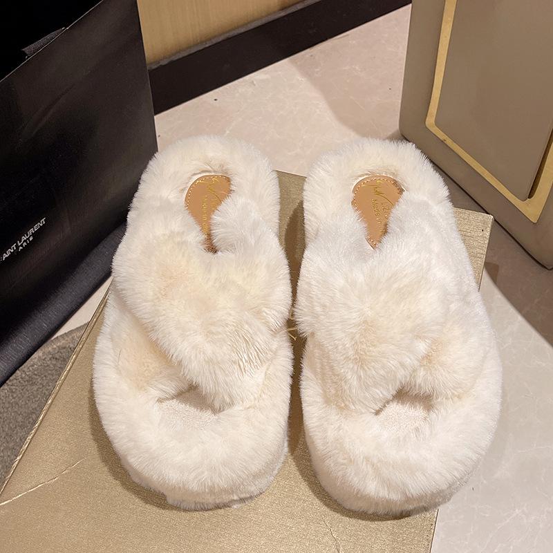 Fairy Wind Thick-soled Fluffy Slippers Female 2025 Autumn and Winter New Round Head High Heel One-letter Women's Cotton Slippers