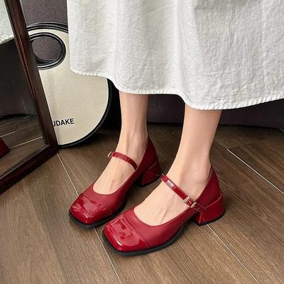 Módní přezka Dámské vysoké podpatky Jaro Podzim Elegantní bota Mary Jane Pohodlné červené lodičky k šatům Ležérní dámské boty