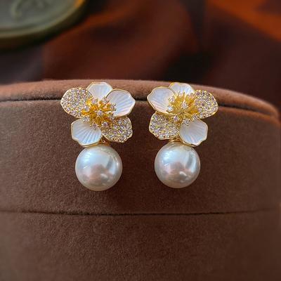 Sweet Zircon Flower Imitation Pearl Silver Needle Earrings French Earrings