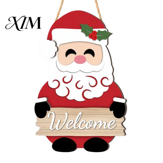 Indoor Outdoor Xmas Decoration Christmas 2D Wooden Welcome Hanging Sign, Cartoon Santa Snowman Tree Party Wall Art Door Hanger with Rope, Porch Front