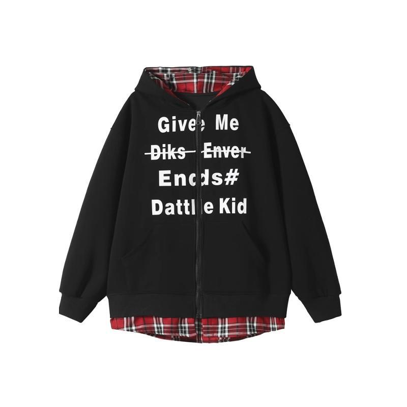 Extra large size 150kg fake two-piece splicing plaid hooded sweater men's and women's autumn couple's cardigan jacket top 2