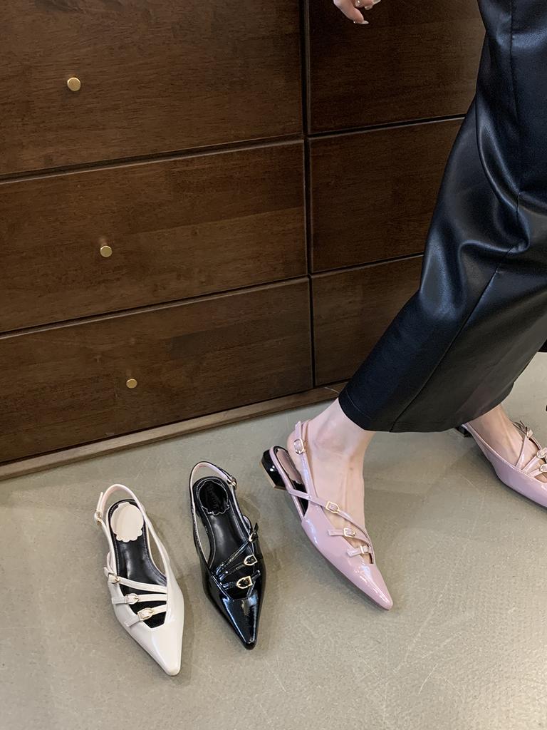 fashion Pointed Toe Women Sandals Narrow Band Low Flat Heeled Pink Black White Back Belt Buckle Summer Sandals Mules Shoes Woman Size 39