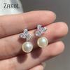 ZAKOL Cute Round Imitation Pearl Stud Earrings For Women Teardrop Zircon Bridal Earring Exquisite Wedding Party Jewelry