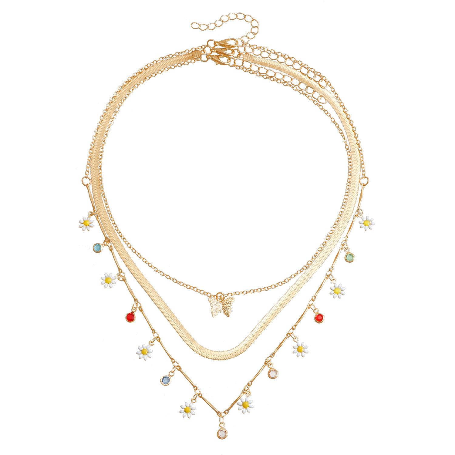 Flower Rhinestone Butterfly Pendant Snake Chain Collarbone Chain Hawaiian Style Multi-layer Necklace