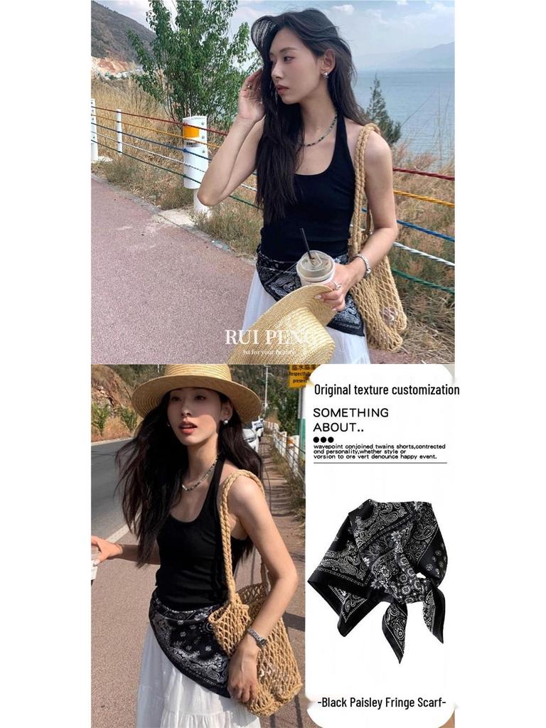 Black Paisley Print Tie Waist Scarf - Elegant Hip Square Belt with Niche Feel and Simple Charm.