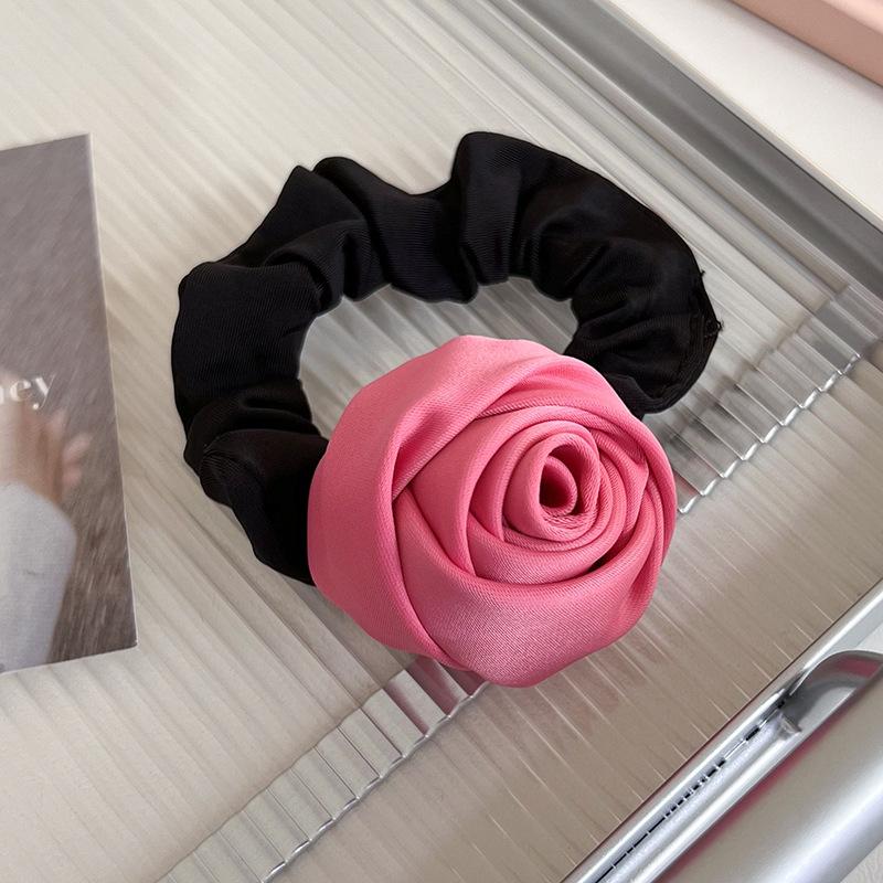 Fashion Handmade Satin Rose Flower Hair Ring Womans Elegant Headband High Elastic Rubber Band Tie Ponytail Hair Rope Headdress